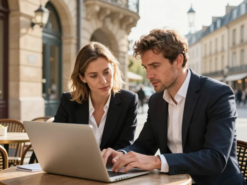 Deux collaborateurs professionnels échangeant autour d'un ordinateur portable à la terrasse d'un café typique du centre-ville de Bordeaux.