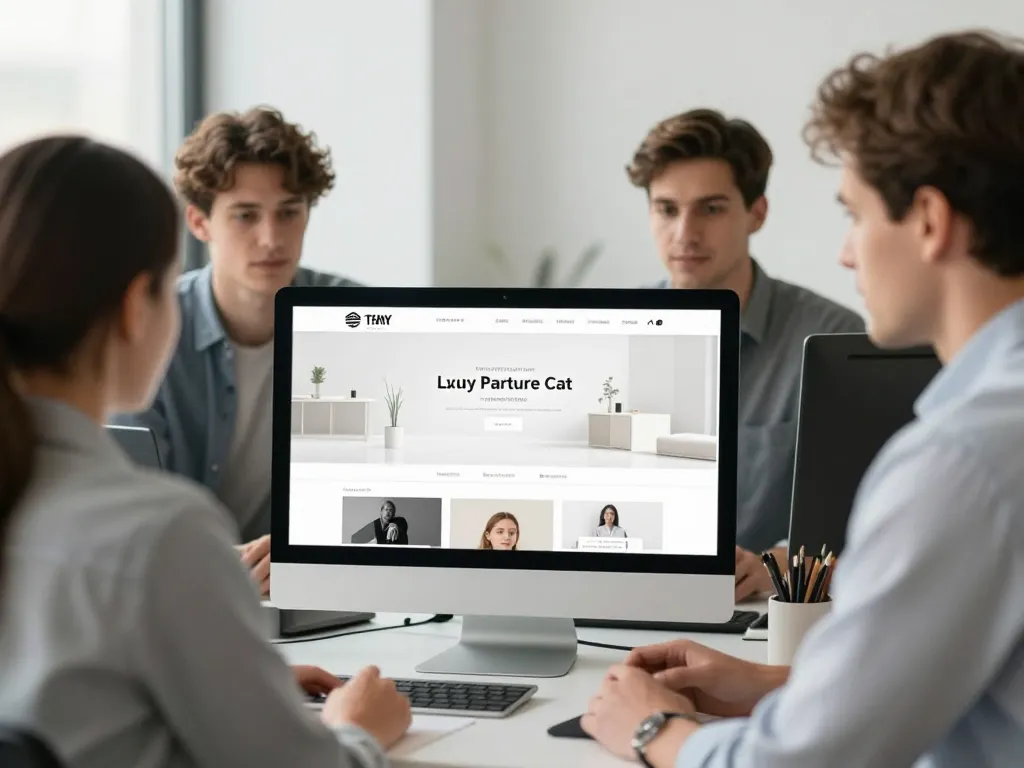 Équipe de professionnels du web travaillant sur une interface de boutique en ligne dans un bureau moderne et lumineux.