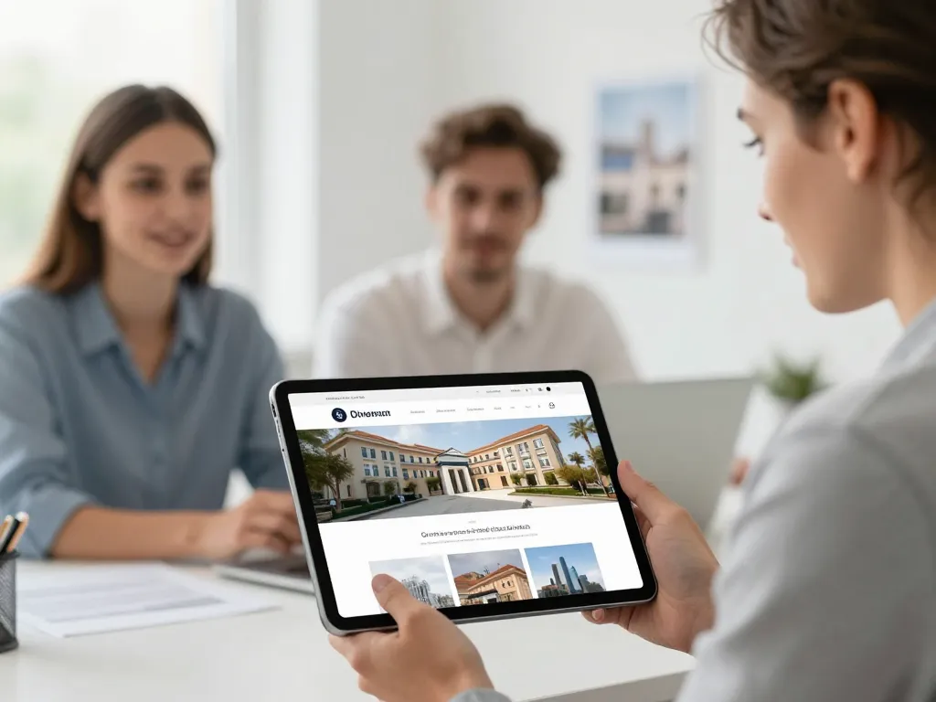 Un agent immobilier présente un site web de recherche de maisons sur une tablette à un jeune couple dans une agence moderne et lumineuse.