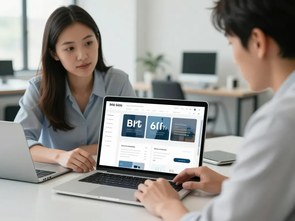 Deux professionnels du web collaborant sur la refonte d'une boutique en ligne dans un bureau moderne.