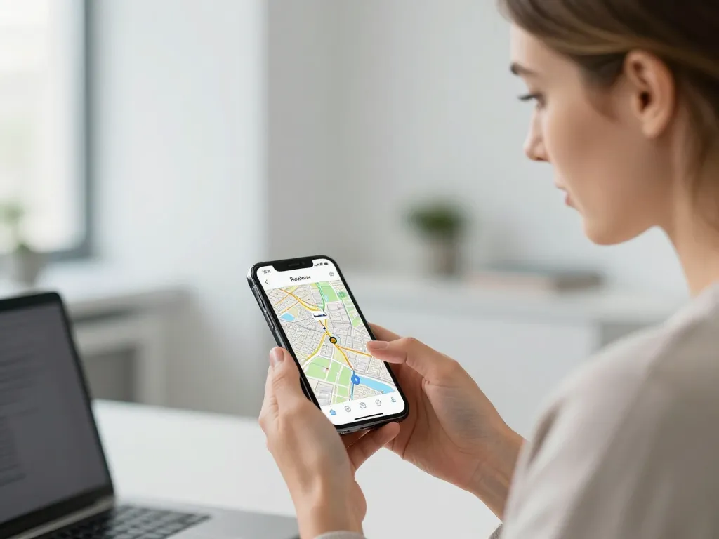 Une professionnelle navigant sur une carte interactive de Bordeaux via son téléphone portable dans un environnement de travail moderne.