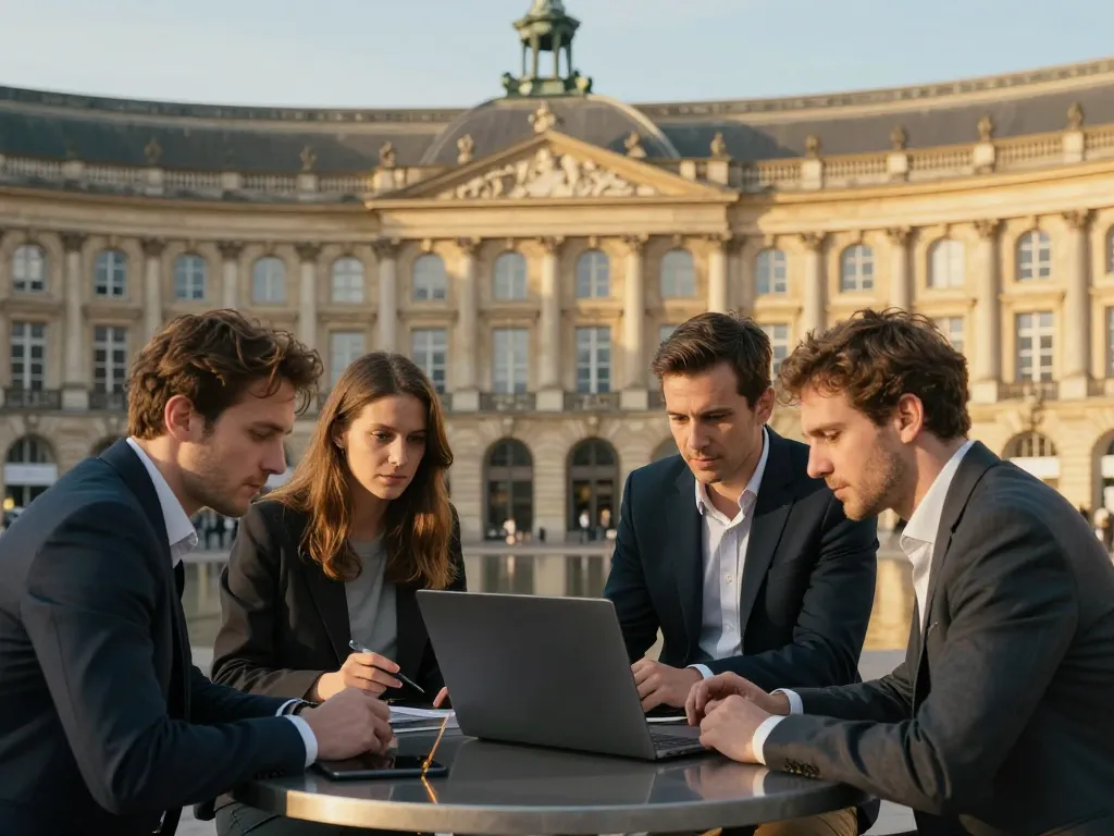Équipe de développeurs web travaillant sur une refonte technique devant le palais de la Bourse à Bordeaux.