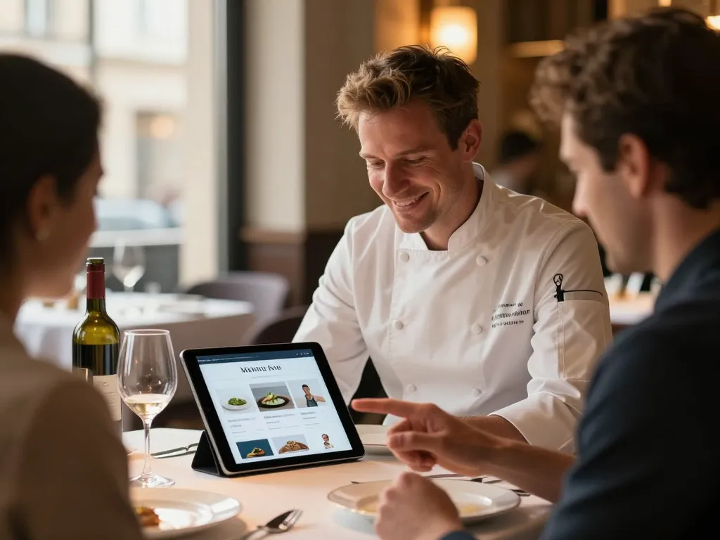 Chef cuisinier et client consultant une tablette numérique dans un restaurant gastronomique de Bordeaux pour un service de commande en ligne.