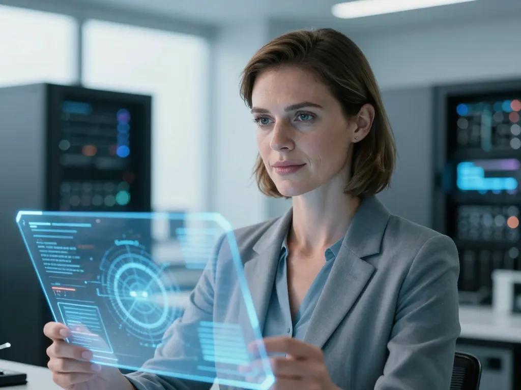 Portrait professionnel de Sarah M., experte en nouvelles technologies, dans un bureau numérique innovant.