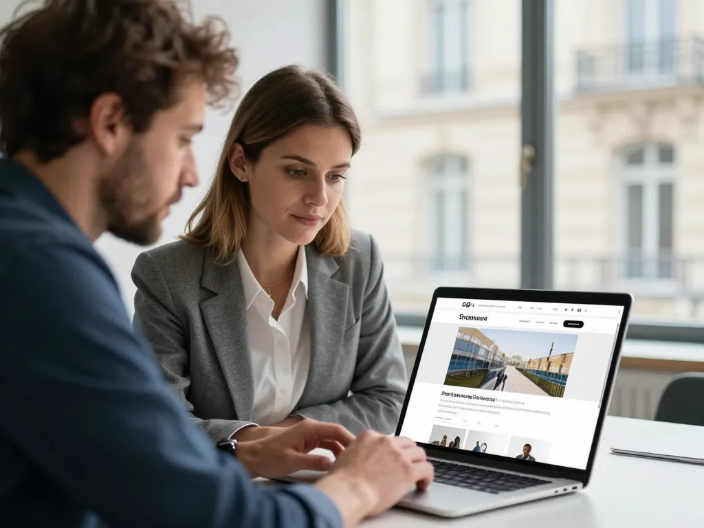 Une entrepreneuse et un expert digital discutant de la création d'un site vitrine dans un bureau moderne en Gironde.