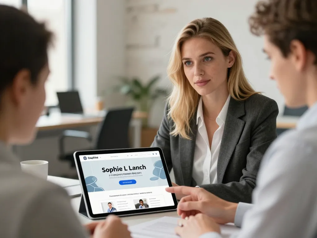 Sophie L., responsable de projet web, présente le succès d'un lancement digital sur une tablette dans un bureau moderne aux Chartrons.