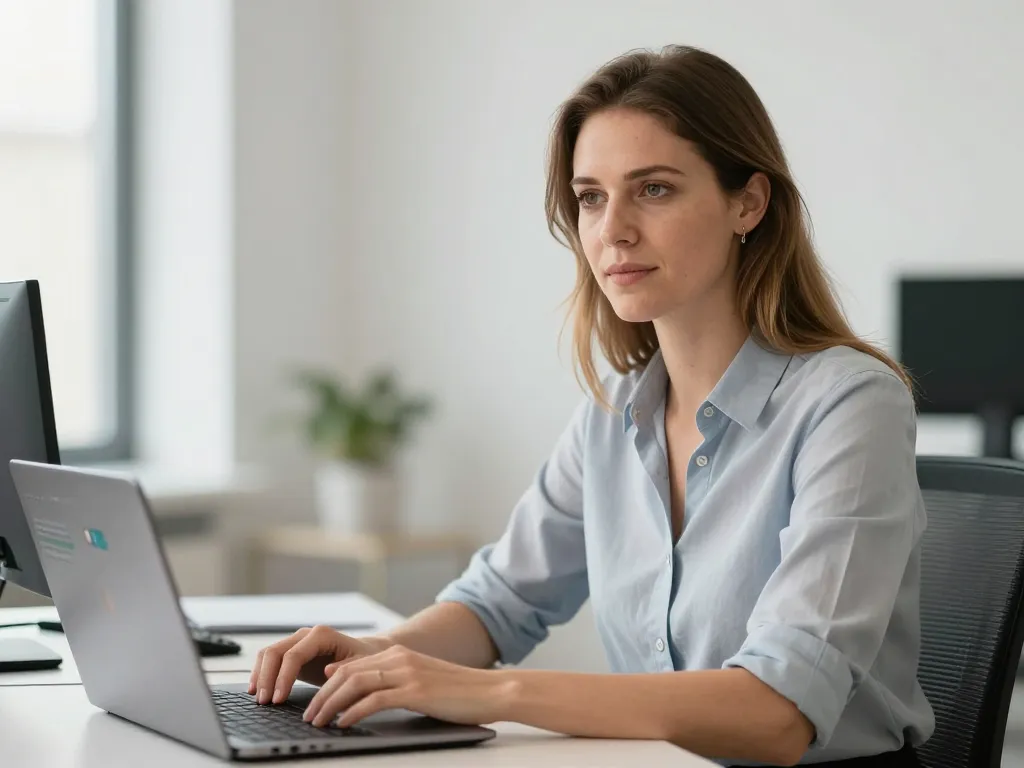 Sophie Martin, analyste technique spécialisée en SEO, travaillant sur une interface de données dans un bureau professionnel.