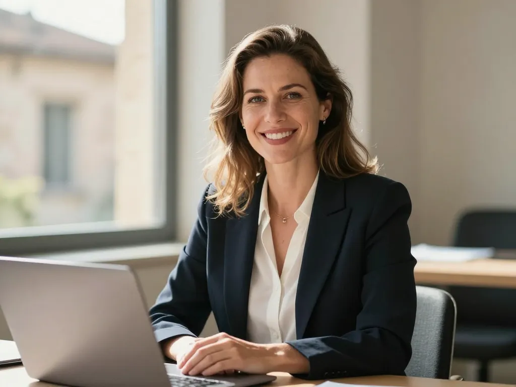 Portrait de Sophie, une cliente épanouie et souriante dans son bureau lumineux du Sud-Ouest après la réussite de son projet web.