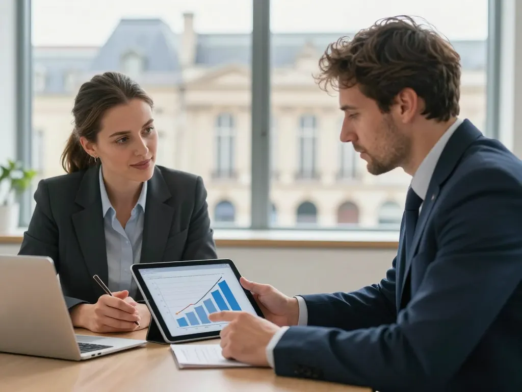 Un consultant en marketing et une cliente discutant de stratégie de croissance devant un graphique de progression.