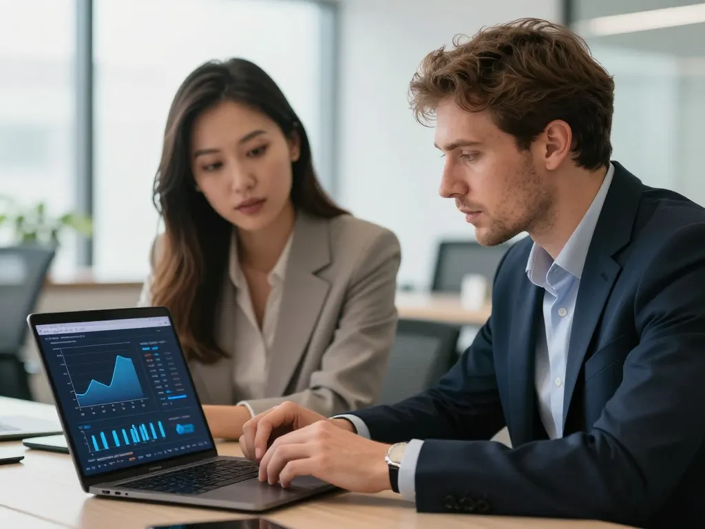 Deux experts en marketing digital analysant des graphiques de migration SEO sur un ordinateur pour sécuriser la refonte d'une boutique en ligne.