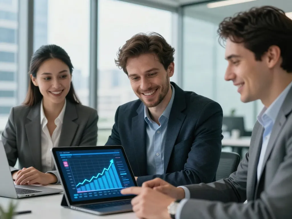 Équipe d'experts en marketing digital analysant un graphique de progression de visibilité pour un site web dans un bureau moderne.