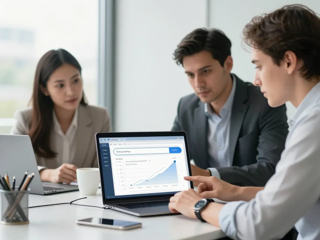 Équipe d'experts en marketing digital collaborant dans un bureau moderne pour optimiser le référencement et la visibilité d'un site web.