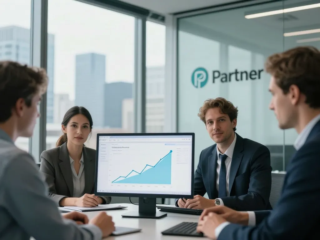 Experts en marketing digital collaborant devant un écran affichant des résultats de recherche en forte progression.