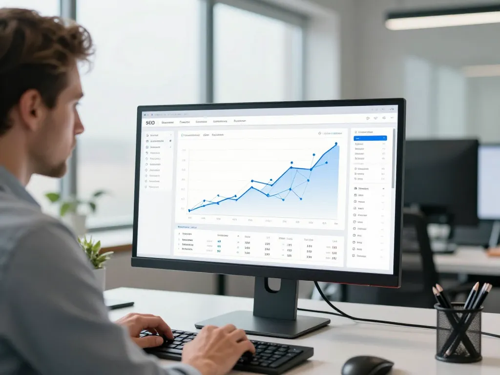 Expert en référencement analysant un tableau de bord de stratégie de liens et des graphiques de performance sur un écran d'ordinateur.