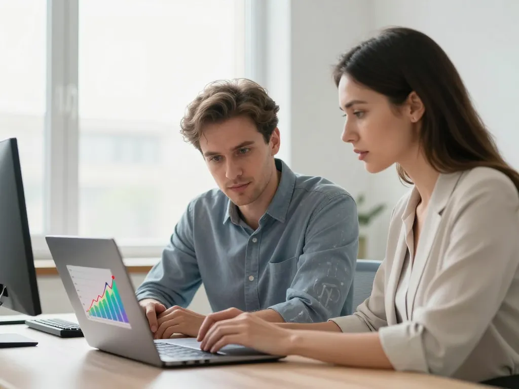 Deux experts en référencement analysant une courbe de croissance SEO sur un ordinateur dans un bureau moderne pour atteindre la première page de Google.