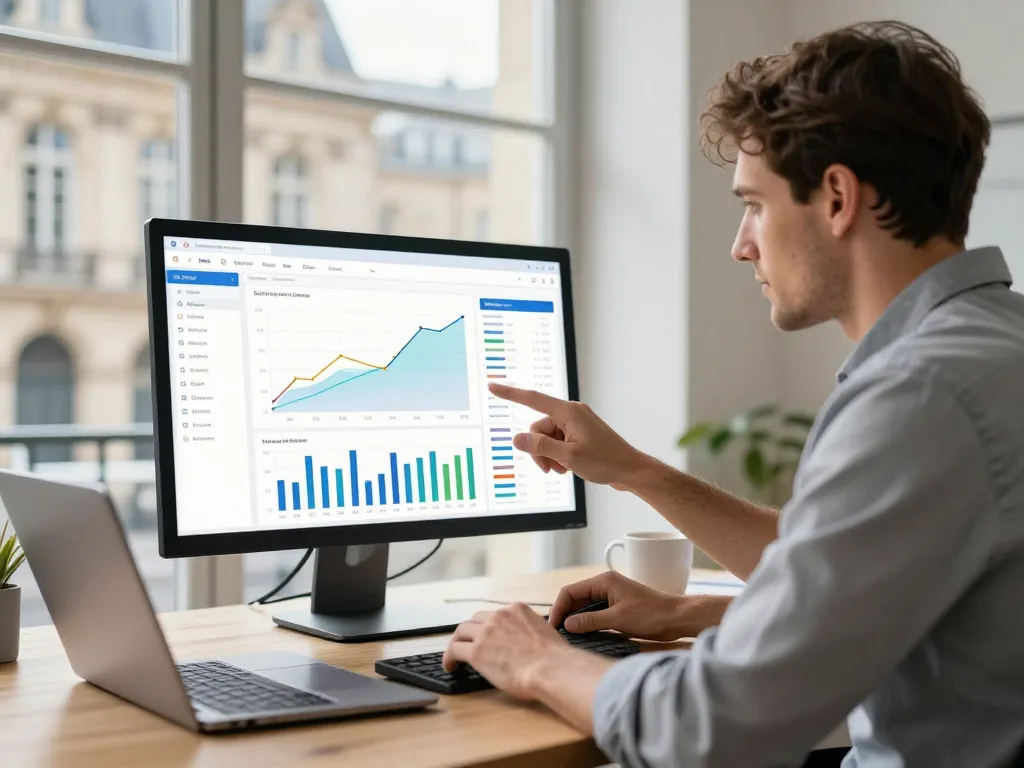 Un professionnel du web analyse des données de performance sur un tableau de bord SEO et SEA dans un bureau lumineux à Bordeaux.