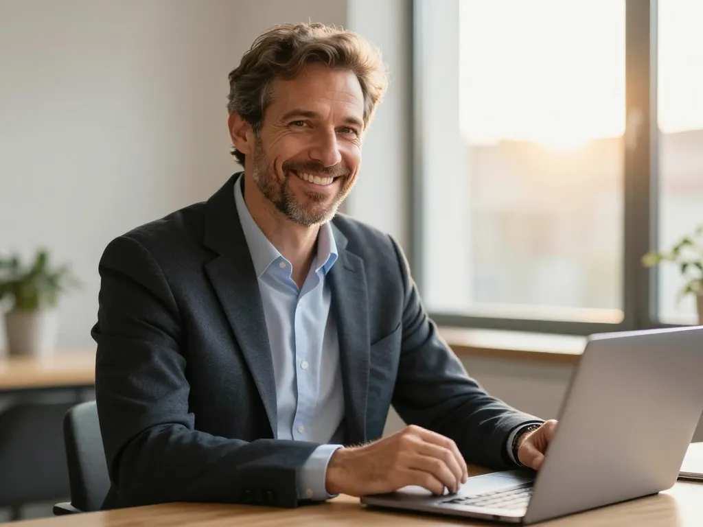 Portrait de Marc, un client professionnel du Sud-Ouest souriant et satisfait dans son bureau lumineux.