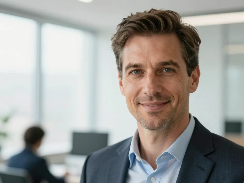 Portrait professionnel de Laurent M., dirigeant d'entreprise souriant et confiant dans un bureau moderne et lumineux.