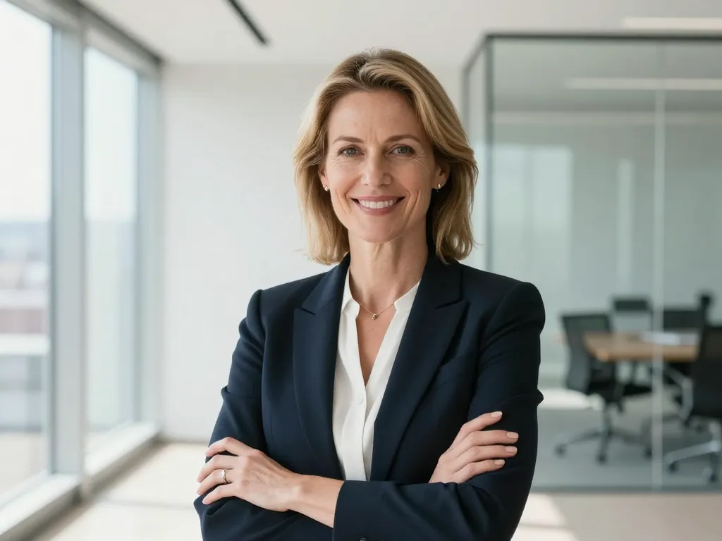 Portrait professionnel de Sophie T., une dirigeante d'entreprise souriante dans un bureau moderne et lumineux.