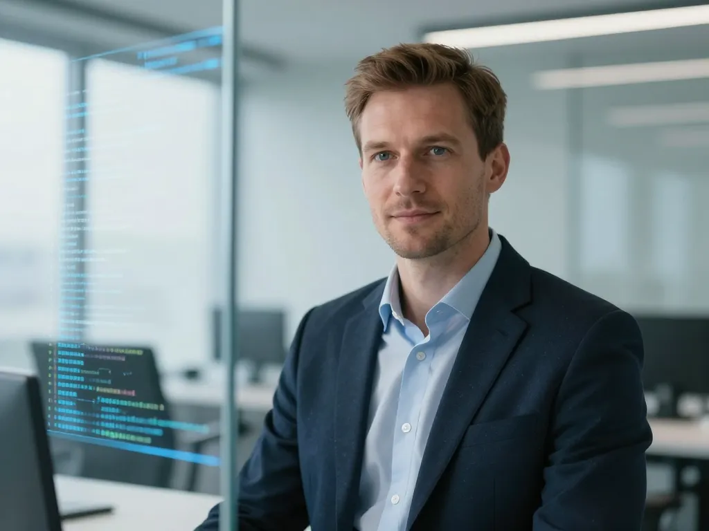 Portrait de Thomas L., expert en innovation digitale, posant dans un environnement de travail technologique et moderne.