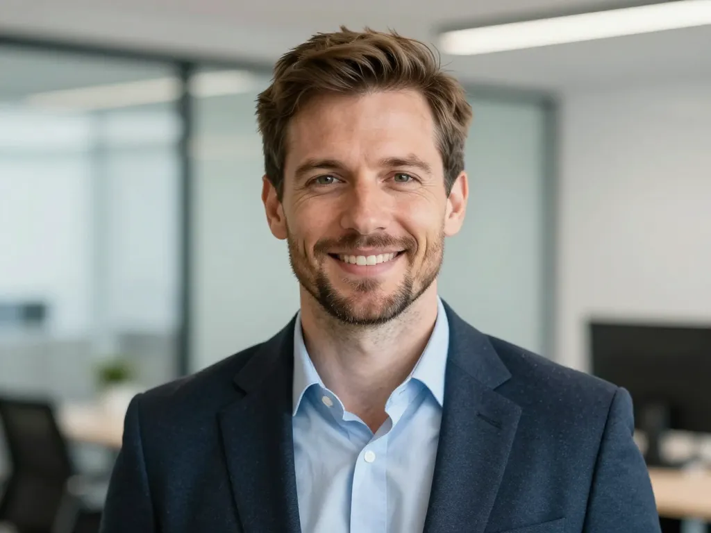 Portrait professionnel de Thomas Roux, Account Manager expert en stratégie d'acquisition SEO, dans un bureau moderne.