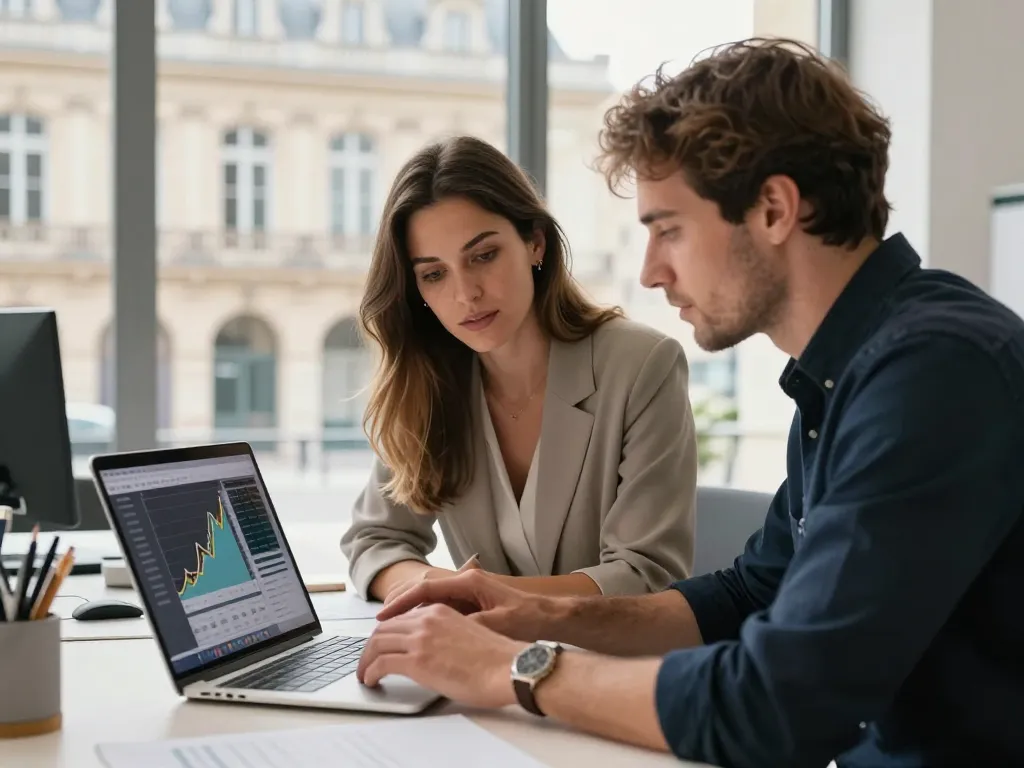 Experts en stratégie digitale collaborant dans un bureau de standing au centre de Bordeaux.
