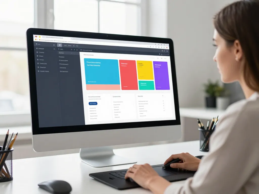 Une webdesigner professionnelle travaille sur une interface créative et colorée dans un studio moderne et lumineux.